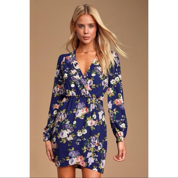 Lulus Dresses Lulus Thats A Wrap Navy Blue Floral Print Dress
